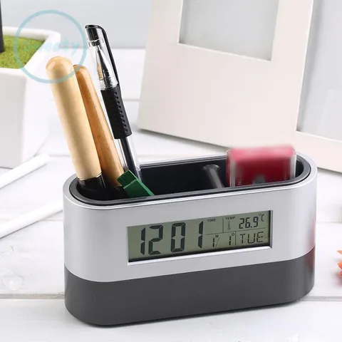 Đồng hồ kỹ thuật số kết hợp khay đựng bút - đo nhiệt độ, lịch ngày, báo thức và đếm ngược tiện ích văn phòng phẩm