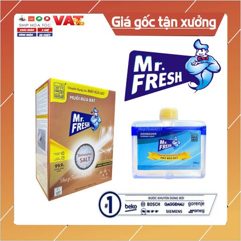 Combo Rửa Bát Mr. Fresh - Muối 1000g, Nước Làm Bóng Chén Đĩa Hương Chanh 500ml, Nước Vệ Sinh Máy Rửa Bát 250ml