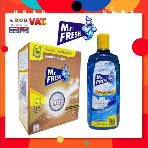 Combo Rửa Bát Mr. Fresh - Muối 1000g, Nước Làm Bóng Chén Đĩa Hương Chanh 500ml, Nước Vệ Sinh Máy Rửa Bát 250ml