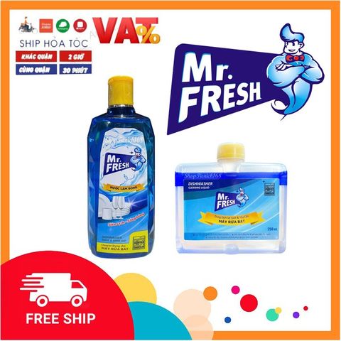 Combo Rửa Bát Mr. Fresh - Muối 1000g, Nước Làm Bóng Chén Đĩa Hương Chanh 500ml, Nước Vệ Sinh Máy Rửa Bát 250ml