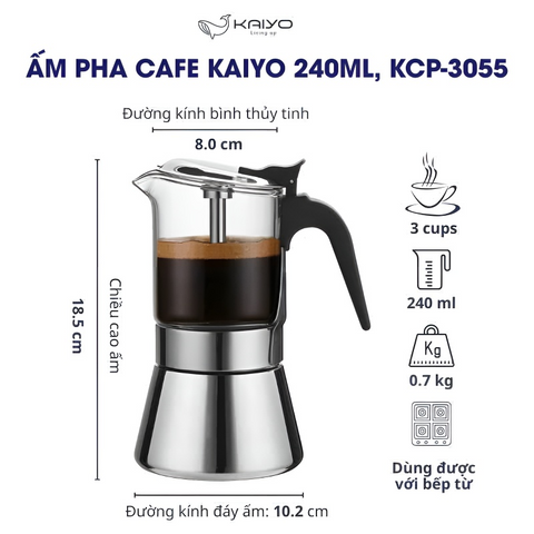 Ấm Pha Cà Phê Kaiyo Moka Pot - Pha Espresso Chuẩn Ý Tại Nhà - Dụng Cụ Pha Chế Cà Phê Tuyệt Hảo, Tiện Lợi, Nhỏ Gọn