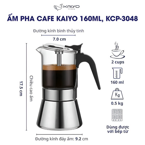 Ấm Pha Cà Phê Kaiyo Moka Pot - Pha Espresso Chuẩn Ý Tại Nhà - Dụng Cụ Pha Chế Cà Phê Tuyệt Hảo, Tiện Lợi, Nhỏ Gọn