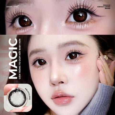 Lens giãn tròng màu đen tự nhiên Angel Eyes Magic Black 0-6, đường kính 14.5mm, mắt to tròn tự nhiên, quà tặng tiện ích kèm theo