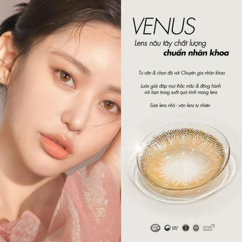Kính áp tròng Venus Brown 0-6 độ cận - Silicone Hydrogel, thiết kế thời trang, thoáng khí, đường kính 14.0mm, tặng khay gương khi mua 2 chiếc