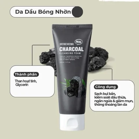 Sữa Rửa Mặt Hebeheba Real Charcoal Cleansing Foam 120ml - Chiết Xuất Than Hoạt Tính Giúp Làm Sạch Da, Ngăn Ngừa Mụn, Cấp Ẩm Tự Nhiên