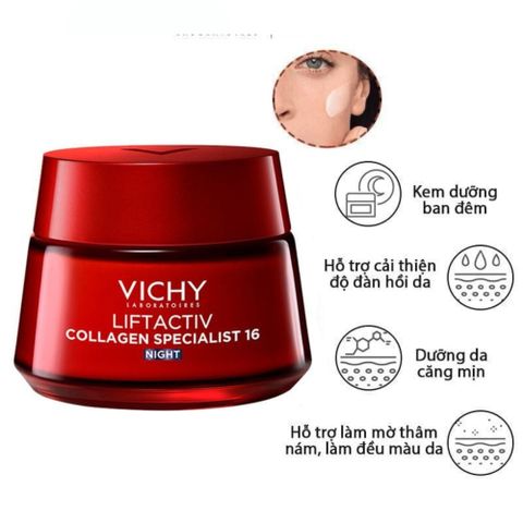 Kem Dưỡng Vichy Liftactiv Collagen Specialist Night 50ml - Giảm Nếp Nhăn, Sáng Da, Mờ Thâm Nám, Dưỡng Ẩm Da Ban Đêm