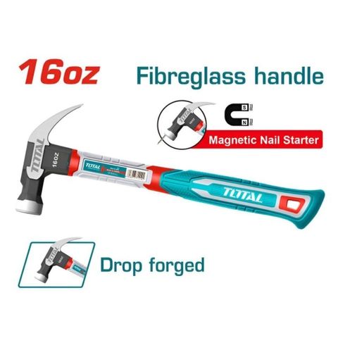 Búa nhổ đinh 450g Total THCH61016 - Dụng cụ sửa chữa chắc chắn với tay cầm sợi thủy tinh, đầu búa từ tính cải tiến