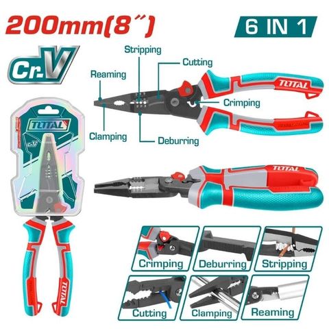 Kìm mũi nhọn 8 inch 6 trong 1 Total THTMF286 K - Dụng cụ đa năng chất lượng cao với tay cầm thoải mái và thiết kế tiện lợi.