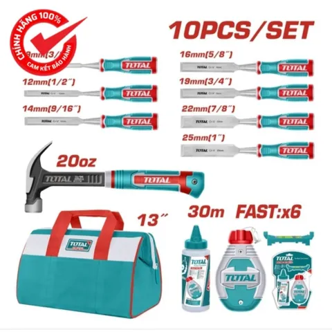 Bộ combo 10 công cụ ngành gỗ TOS230906 - Búa nhổ đinh, Đục gỗ và Túi đựng tiện ích cho thợ mộc và làm vườn