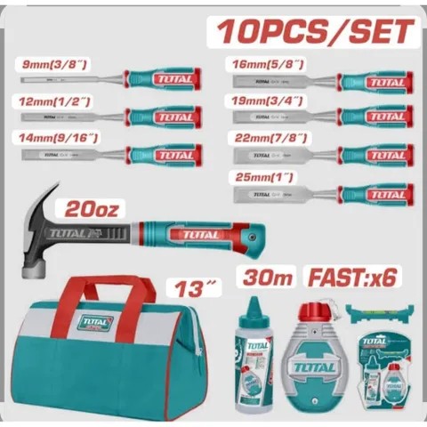 Bộ combo 10 công cụ ngành gỗ TOS230906 - Búa nhổ đinh, Đục gỗ và Túi đựng tiện ích cho thợ mộc và làm vườn