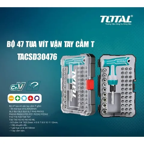 Bộ tuốc nơ vít chữ T 47 chi tiết Total TACSD30476 - Dụng cụ sửa chữa đa năng, bao gồm 35 mũi vít và 9 tuýp chất lượng cao