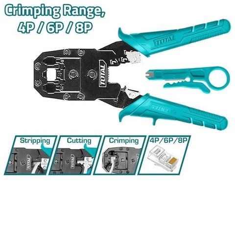 Kềm bấm cos viễn thông Total TMPC4468P - Dụng cụ 8 inch đa năng cho Uốn mép, Tước và Cắt, tay cầm PVC tiện dụng, màu Xanh/Đen