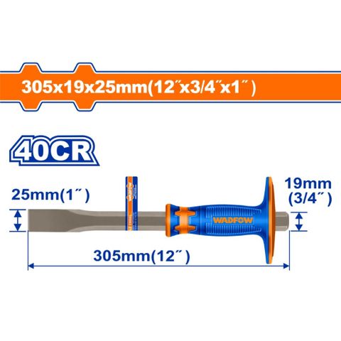 Mũi Đục Dẹp Wadfow 25x19x305mm - Dụng Cụ Tiện Ích Chất Liệu 40cr, Tay Cầm Thiết Kế Mới, Đóng Gói Theo Nhãn