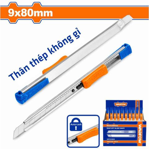 Dao rọc giấy Wadfow 9x80mm - Thép không gỉ tự động khóa, thước đo 140mm, hộp màu - Văn phòng phẩm tiện dụng