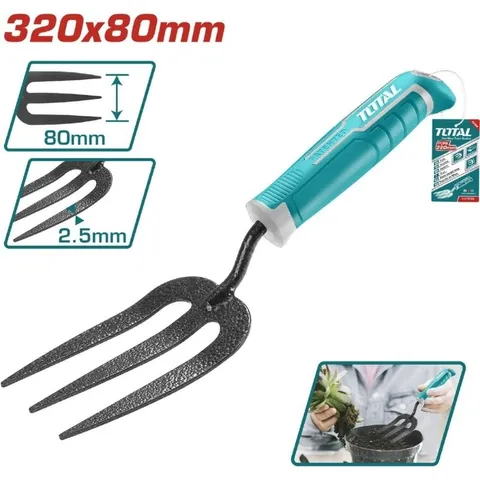 Cây Xới Đất Làm Vườn 320mm Total THFTF38 - Dụng Cụ Vườn Thép Carbon Chính Hãng, Bảo Hành 6 Tháng, Màu Xanh Xám