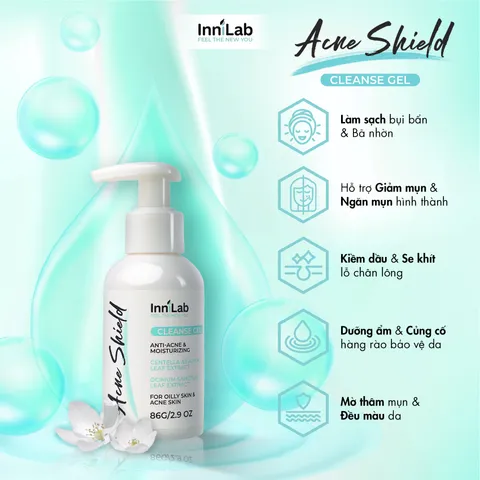 Gel Rửa Mặt Giảm Mụn & Dưỡng Ẩm InniLab Acne Shield Cleanse Gel 86g - Sữa Rửa Mặt Chuyên Dụng Cho Da Dầu Mụn