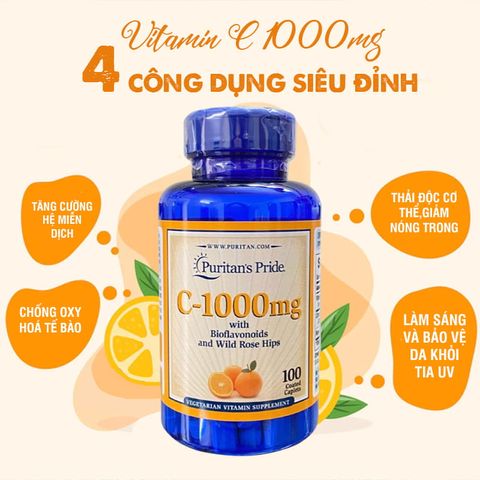 Viên Uống Bổ Sung Vitamin C 1000mg Time Puritan's Pride - Hỗ Trợ Miễn Dịch, Làm Đẹp Da, 100 Viên Mỹ