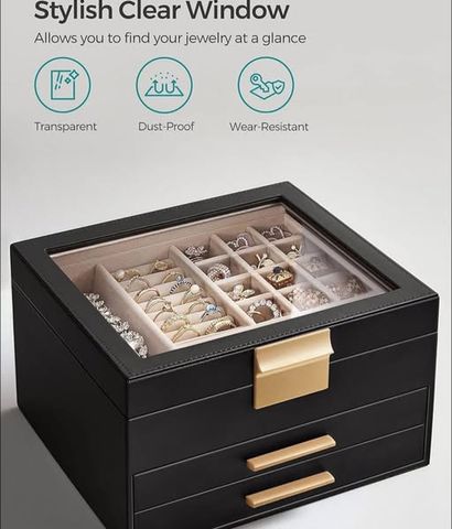 Hộp Đựng Trang Sức Hiện Đại Songmics UJBC239BK - Có Nắp Kính, 19 Ngăn, Chất Liệu Bền Bỉ, Thiết Kế Sang Trọng, Quà Tặng Tuyệt Vời
