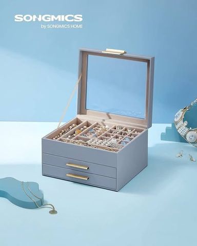 Hộp Đựng Trang Sức Hiện Đại Songmics UJBC239BK - Có Nắp Kính, 19 Ngăn, Chất Liệu Bền Bỉ, Thiết Kế Sang Trọng, Quà Tặng Tuyệt Vời