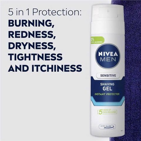 Gel cạo râu cho da nhạy cảm NIVEA MEN Sensitive 200ml - Giảm kích ứng, bảo vệ da, chứa Chiết xuất hoa cúc và Vitamin E