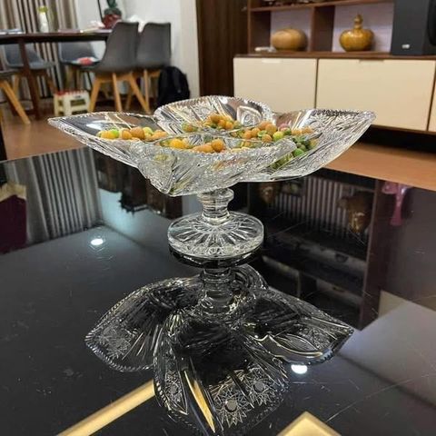 Khay Mứt 4 Cánh Hoa Pha Lê Mài Bohemia 35cm - Đĩa Sang Trọng Cho Bàn Tiệc, Hoa Văn Thủ Công Đẹp Mắt, Quà Tặng Ý Nghĩa