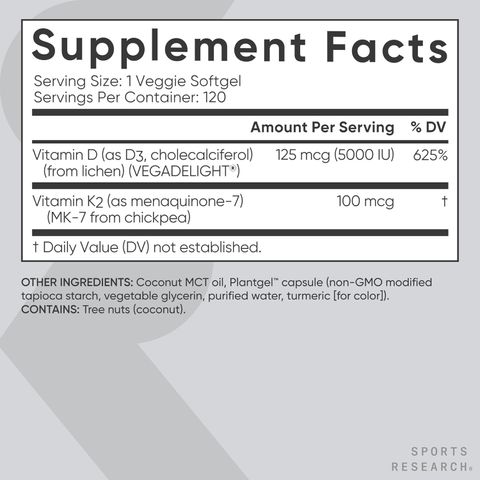 Viên Hỗ Trợ Xương Khớp Vitamin D3 + K2 Sports Research – 160 Viên Veggie Softgels, Hỗ Trợ Sức Khỏe Xương Khớp và Miễn Dịch
