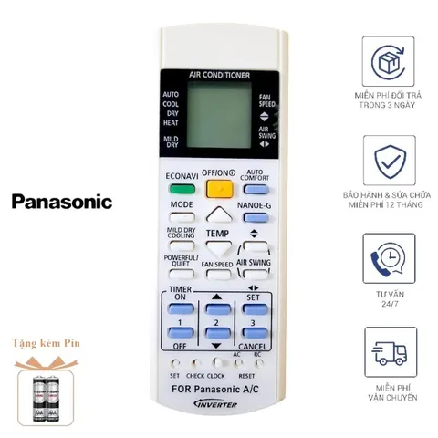 Điều Khiển Điều Hòa Panasonic 1&2 Chiều Inverter Nano Eco - Remote Chính Hãng, Tặng Kèm Pin AAA, Thiết Kế Hiện Đại, Dễ Sử Dụng