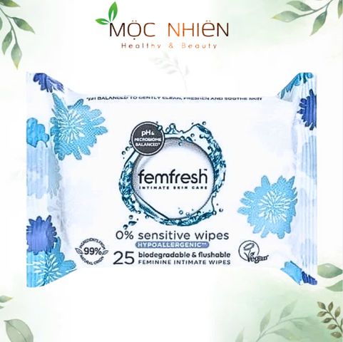 Khăn ướt Vệ Sinh Vùng Kín Nhạy Cảm Femfresh 0% Sensitive - 25 Tờ, Chiết Xuất Lô Hội, An Toàn, Kháng Khuẩn, Dễ Dàng Sử Dụng