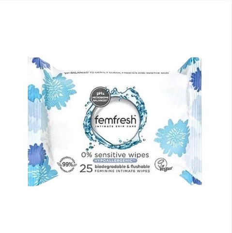 Khăn ướt vệ sinh vùng kín Femfresh 0% Nhạy Cảm - 25 Tờ Tự Nhiên, Không Hương Liệu, An Toàn Cho Da Nhạy Cảm