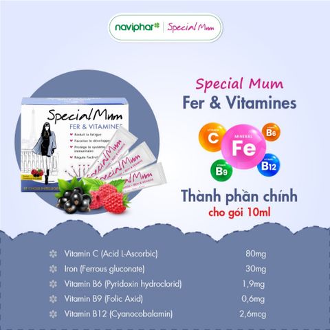 Sắt nước Special Mum Fer et Vitamines - Bổ sung sắt cho bà bầu và mẹ sau sinh, ngăn ngừa thiếu máu, 10ml x 20 gói
