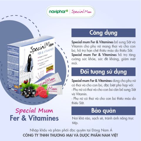 Sắt nước Special Mum Fer et Vitamines - Bổ sung sắt cho bà bầu và mẹ sau sinh, ngăn ngừa thiếu máu, 10ml x 20 gói