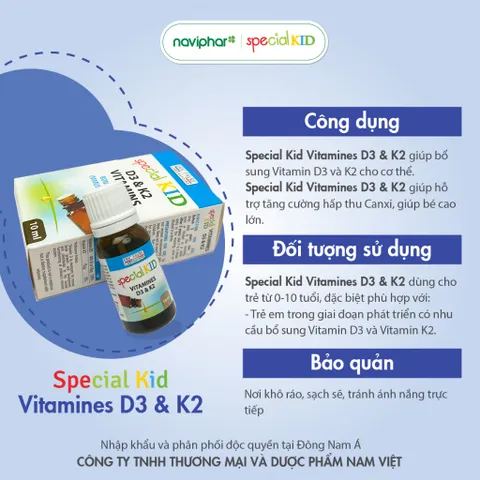 Special Kid Vitamin D3 & K2 - Hỗ trợ tăng chiều cao và hấp thu canxi cho trẻ - 10ml