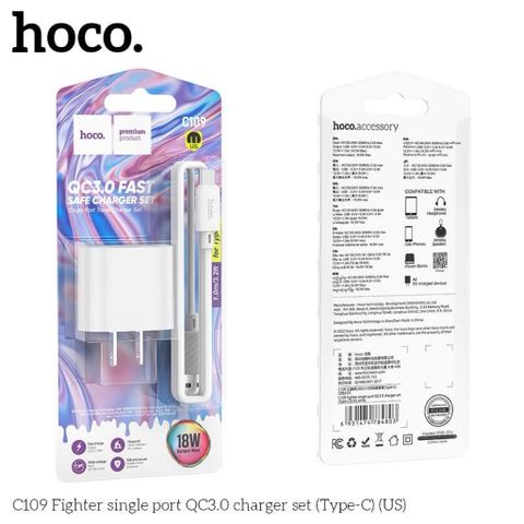 Bộ Sạc Nhanh 18W Chống Cháy HOCO C109 Fighter - Sạc QC3.0, Type-C, Dễ Dàng Mang Theo, Phụ Kiện Thông Minh Cho Điện Thoại Và Thiết Bị Điện Tử