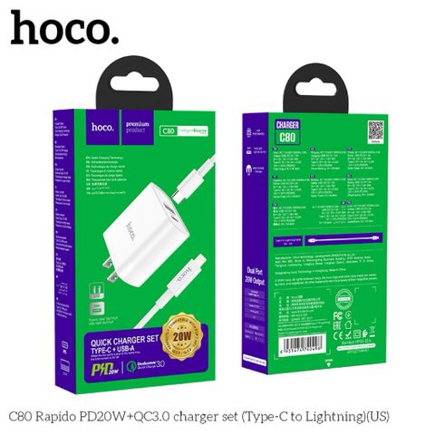 Bộ Sạc Nhanh Hoco C80 - PD20W QC3.0 Kèm Cáp Type-C, Sạc 2 Cổng USB và Type-C Tiện Lợi Nguyên Bảo Hành 6 Tháng