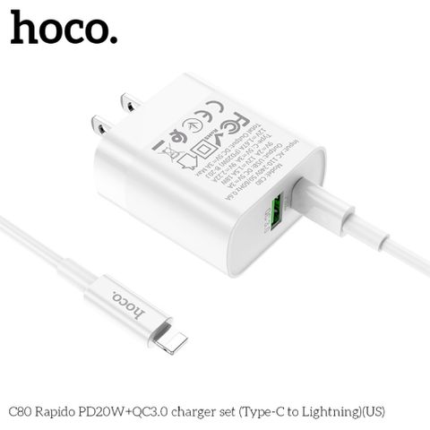 Bộ Sạc Nhanh Hoco C80 - PD20W QC3.0 Kèm Cáp Type-C, Sạc 2 Cổng USB và Type-C Tiện Lợi Nguyên Bảo Hành 6 Tháng