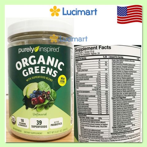 Bột hữu cơ rau xanh Purely Inspired Organic Greens hũ 244g [Hàng Mỹ]