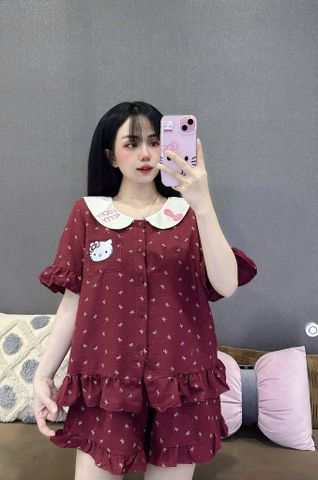 Set Đồ Ngủ Bigsize Vải Đũi Hình Hello Kitty - Áo Ngắn Cổ Bèo, Quần Đùi Dễ Thương, Thoải Mái, Họa Tiết Ngọt Ngào
