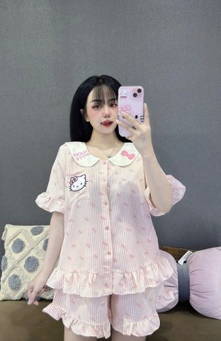 Set Đồ Ngủ Bigsize Vải Đũi Hình Hello Kitty - Áo Ngắn Cổ Bèo, Quần Đùi Dễ Thương, Thoải Mái, Họa Tiết Ngọt Ngào