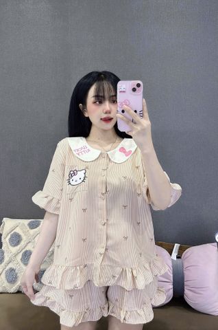 Set Đồ Ngủ Bigsize Vải Đũi Hình Hello Kitty - Áo Ngắn Cổ Bèo, Quần Đùi Dễ Thương, Thoải Mái, Họa Tiết Ngọt Ngào