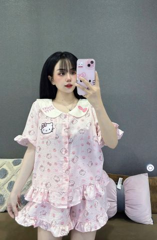 Set Đồ Ngủ Bigsize Vải Đũi Hình Hello Kitty - Áo Ngắn Cổ Bèo, Quần Đùi Dễ Thương, Thoải Mái, Họa Tiết Ngọt Ngào