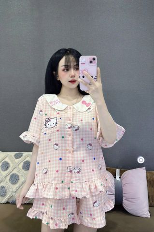 Set Đồ Ngủ Bigsize Vải Đũi Hình Hello Kitty - Áo Ngắn Cổ Bèo, Quần Đùi Dễ Thương, Thoải Mái, Họa Tiết Ngọt Ngào