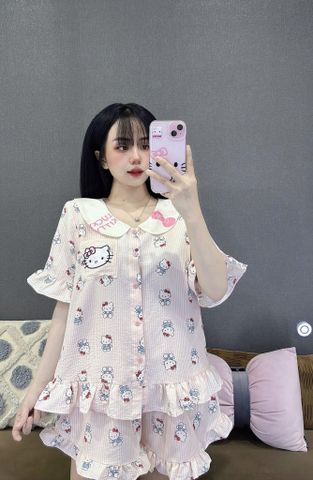 Set Đồ Ngủ Bigsize Vải Đũi Hình Hello Kitty - Áo Ngắn Cổ Bèo, Quần Đùi Dễ Thương, Thoải Mái, Họa Tiết Ngọt Ngào