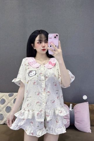 Set Đồ Ngủ Bigsize Vải Đũi Hình Hello Kitty - Áo Ngắn Cổ Bèo, Quần Đùi Dễ Thương, Thoải Mái, Họa Tiết Ngọt Ngào