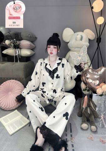 Set Đồ Ngủ Dài Bigsize Phối Ren Ngực, Chất Liệu Phi Lụa Cao Cấp, Sang Trọng, Thoải mái Mặc Nhà Hoặc Du Lịch