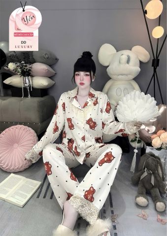 Set Đồ Ngủ Dài Bigsize Phối Ren Ngực, Chất Liệu Phi Lụa Cao Cấp, Sang Trọng, Thoải mái Mặc Nhà Hoặc Du Lịch