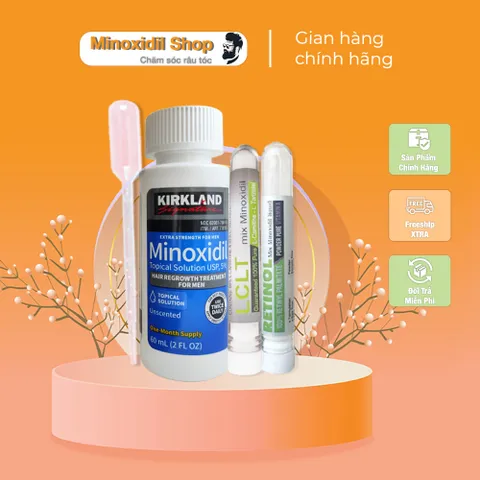 Combo Mọc Râu Tóc Kirkland - Minoxidil 5% Lỏng + LCLT + Retinol Tăng Tốc Phát Triển Râu Tóc, Mỹ