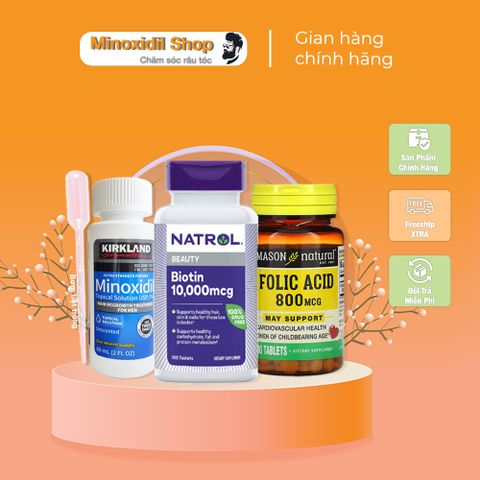 Combo Mọc Râu Tóc Minoxidil 5% + Biotin & Folic - Hỗ Trợ Tăng Trưởng Tóc Chắc Khỏe, Tặng Bột Hỗ Trợ LCLT