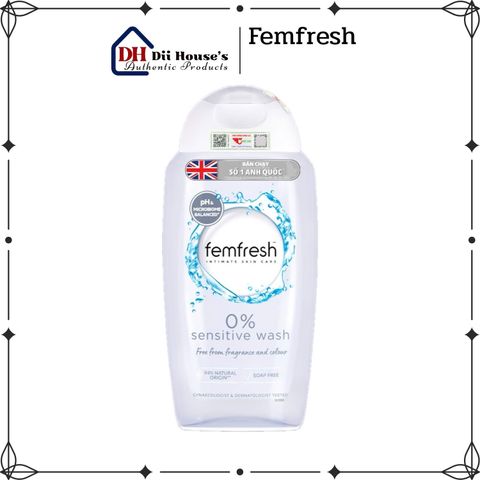 Dung dịch vệ sinh phụ nữ Femfresh 0% Sensitive Wash 250ml - Sạch sẽ, nhẹ nhàng cho da nhạy cảm, thuần chay, dưỡng ẩm, tươi mát 24h