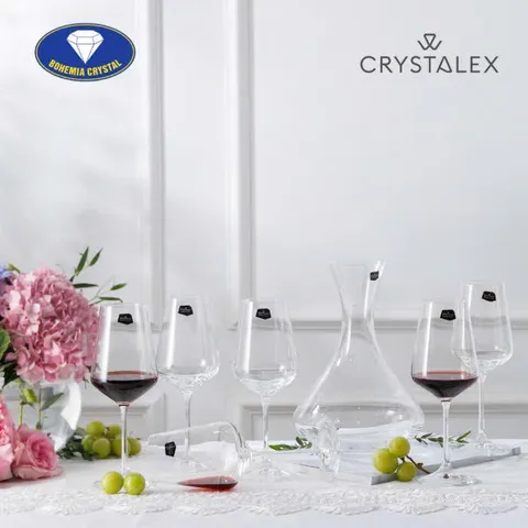 Bộ 6 Ly Thủy Tinh Bohemia Sandra Kèm Bình Thở 1,5 Lít - Dụng Cụ Pha Chế Cao Cấp An Toàn Với Máy Rửa Chén