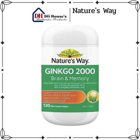 Viên uống bổ não Nature's Way Ginkgo 2000 - Tăng cường trí nhớ và chức năng nhận thức, 120 viên - Thực phẩm bảo vệ sức khỏe